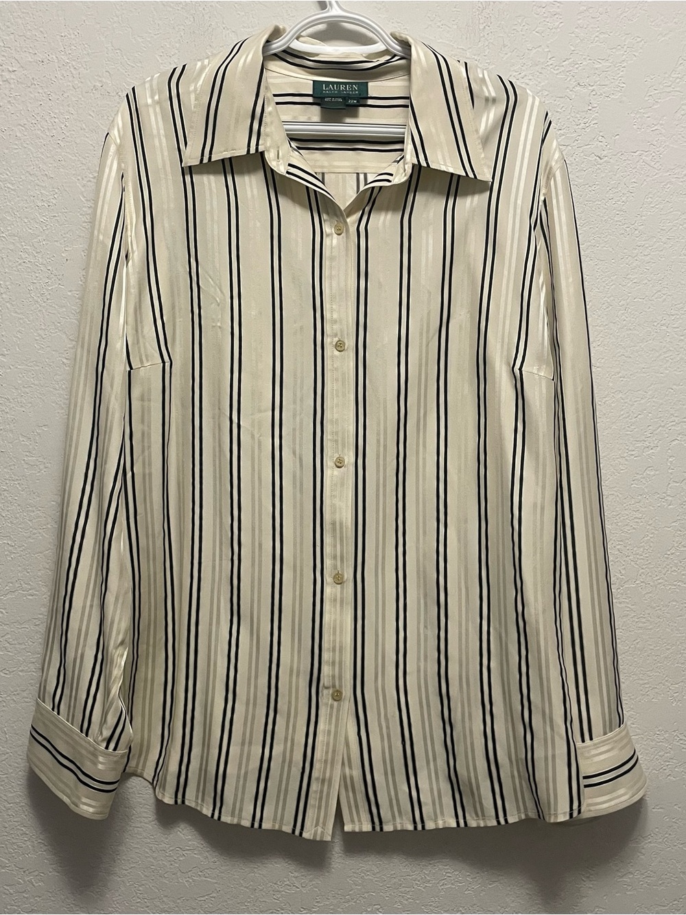 Lauren Ralph Lauren 100% Silk Button Down Shirt White/Black Stripe Preppy 22W